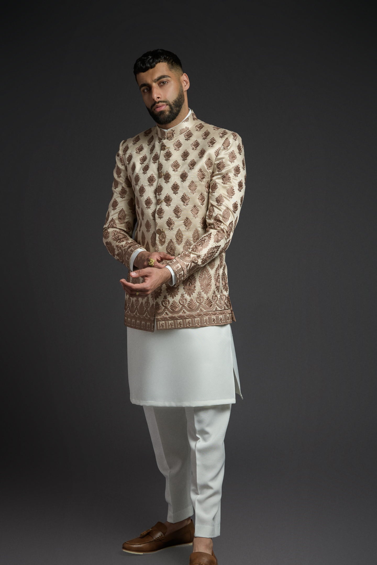 Beige & Copper Embroidered Princecoat Set for Men