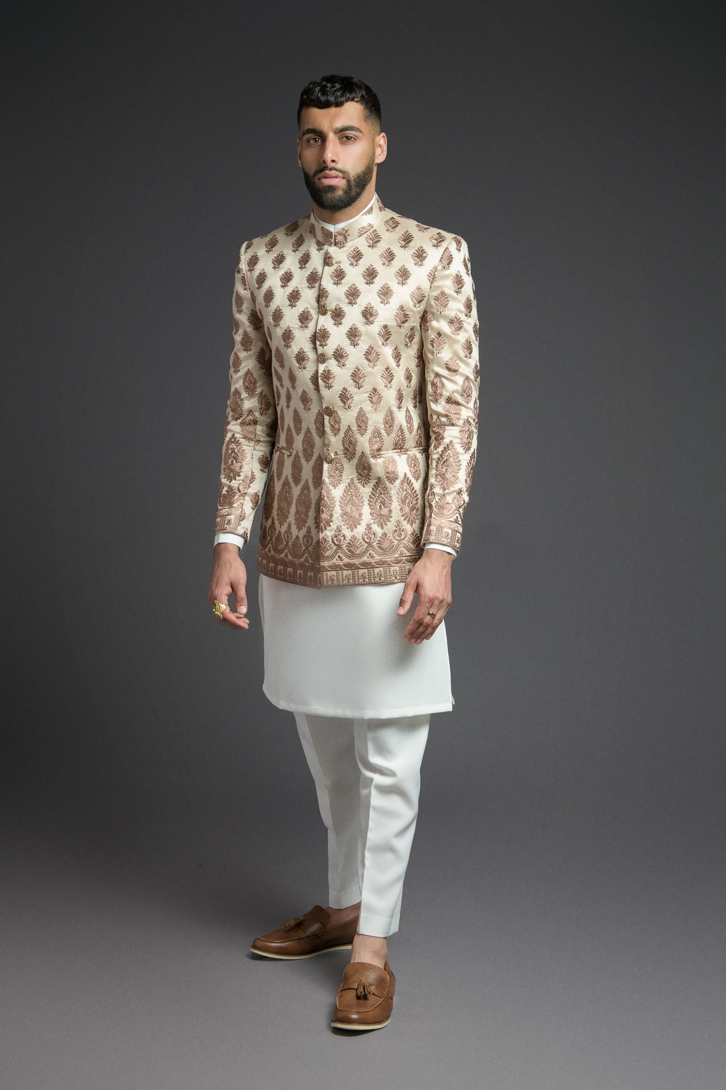 Beige & Copper Embroidered Princecoat Set for Men