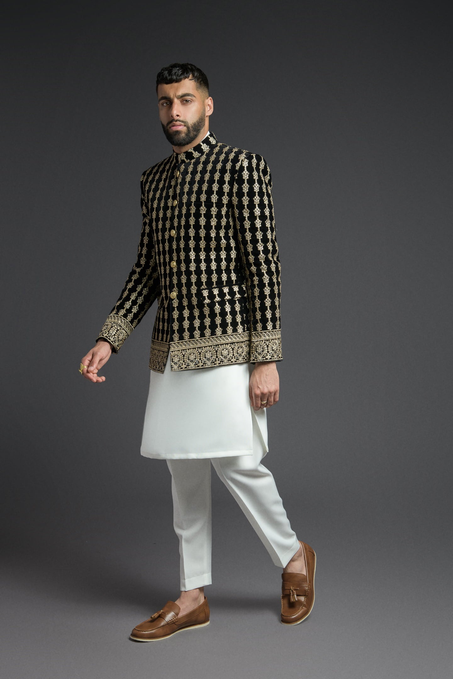 Black & Gold Embroidered Princecoat Set for Men