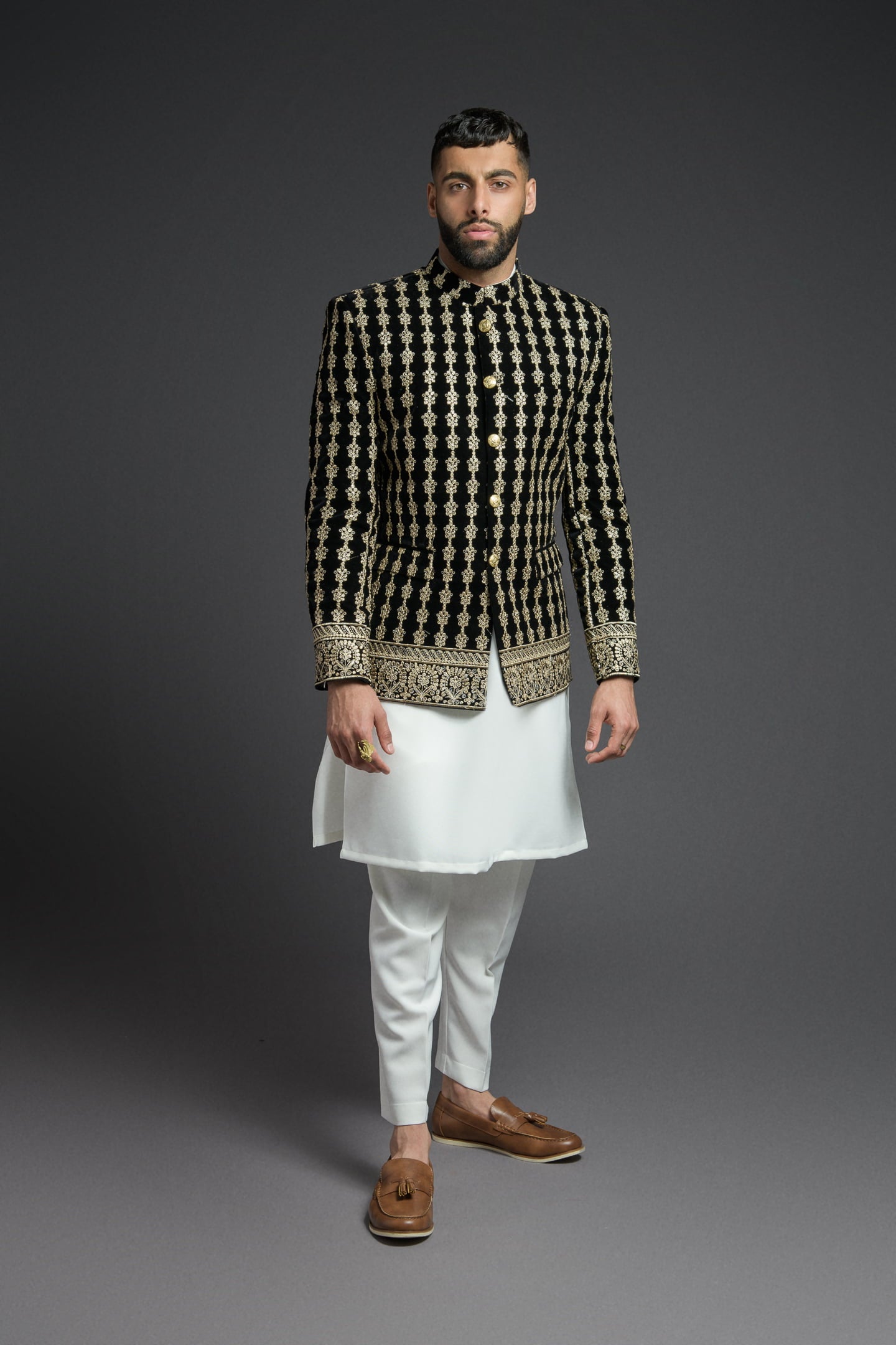 Black & Gold Embroidered Princecoat Set for Men