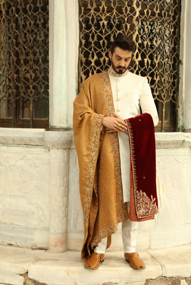 Ivory Sherwani for Men Turkey – Royal Gold Velvet Wedding Sherwani