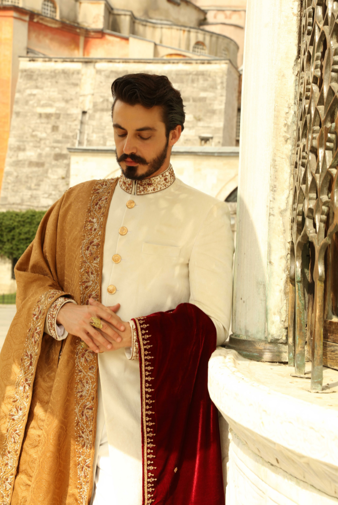 Ivory Sherwani for Men Turkey – Royal Gold Velvet Wedding Sherwani