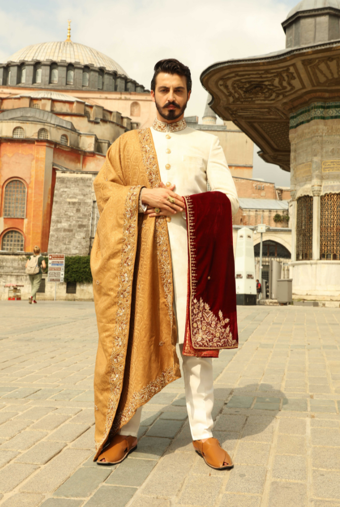 Ivory Sherwani for Men Turkey – Royal Gold Velvet Wedding Sherwani
