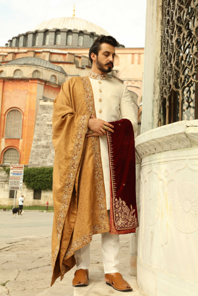 Ivory Sherwani for Men Turkey – Royal Gold Velvet Wedding Sherwani