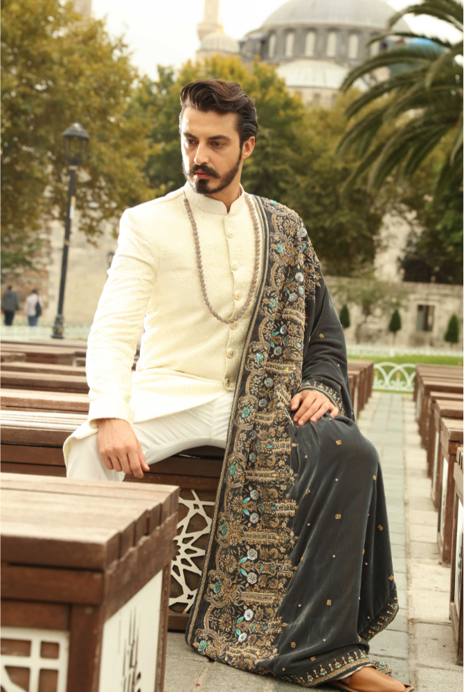 Turkey Style Off-White Sherwani with Deep Slate Grey Embroidered Shawl
