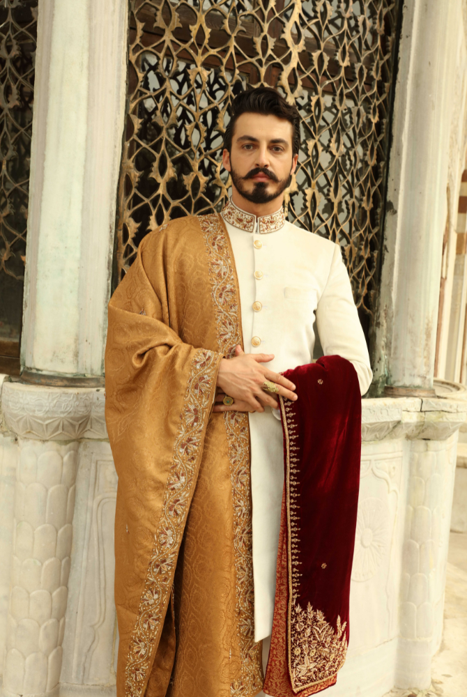 Ivory Sherwani for Men Turkey – Royal Gold Velvet Wedding Sherwani